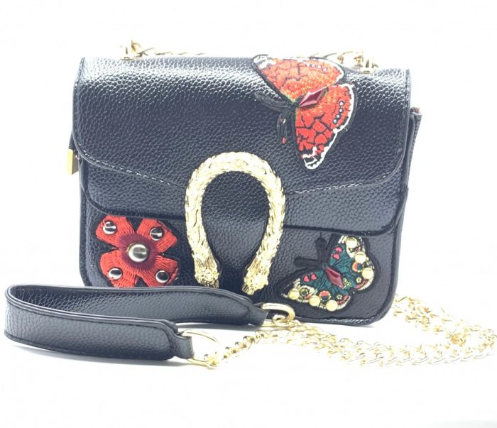 Butterfly bag black, complete with long chain handle.