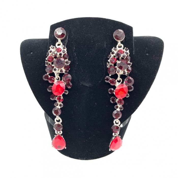 Earrings, silver with red stones, long, handmade.