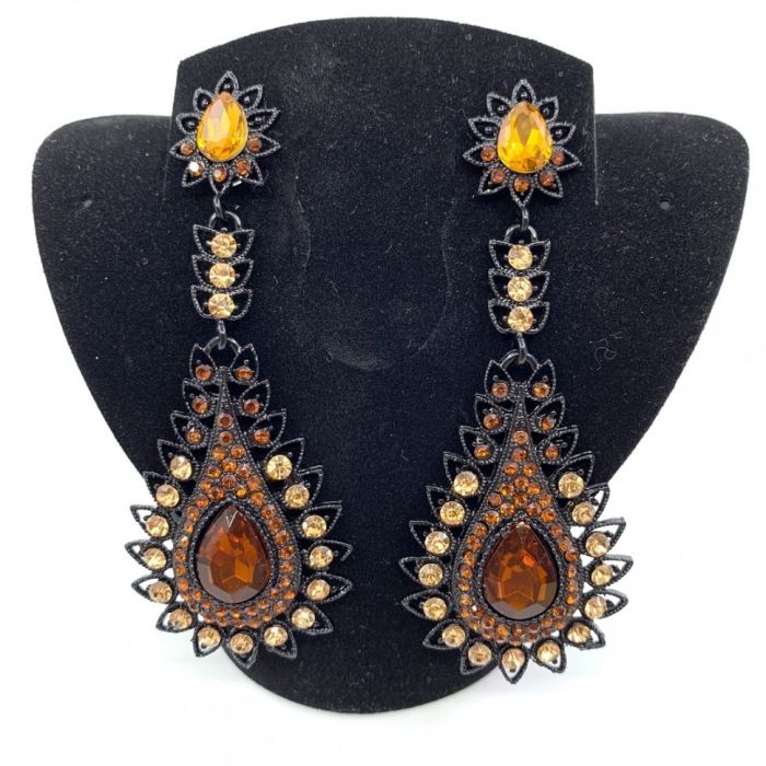 Earrings , black with gold stones, long, handmade.