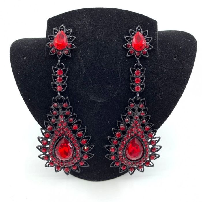 Earrings , black with red stones, long, handmade.