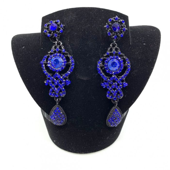 Earrings, black with blue stones, long, handmade.