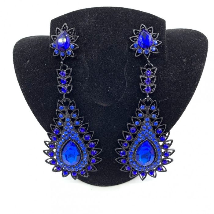 Earrings, black with blue stones, long, handmade.