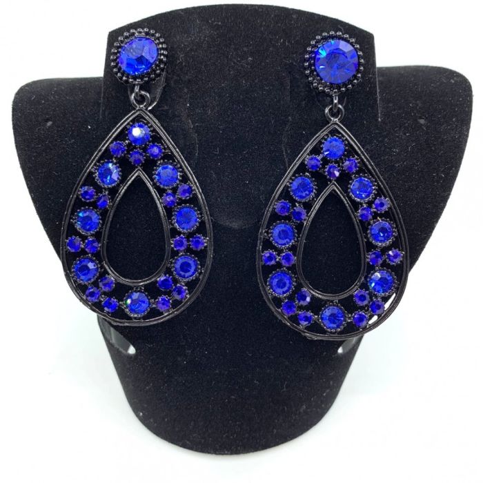 Earrings, black with blue stones, long, handmade.