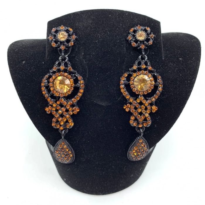 Earrings, black with gold stones, long, handmade.