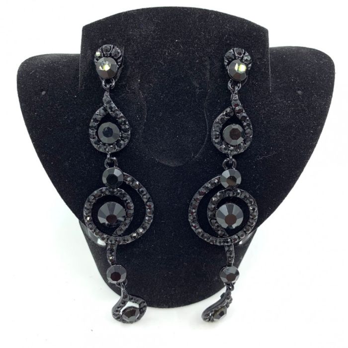 Earrings, black with black stones, long, handmade.