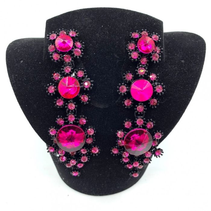 Earrings, black with pink stones, long, handmade.