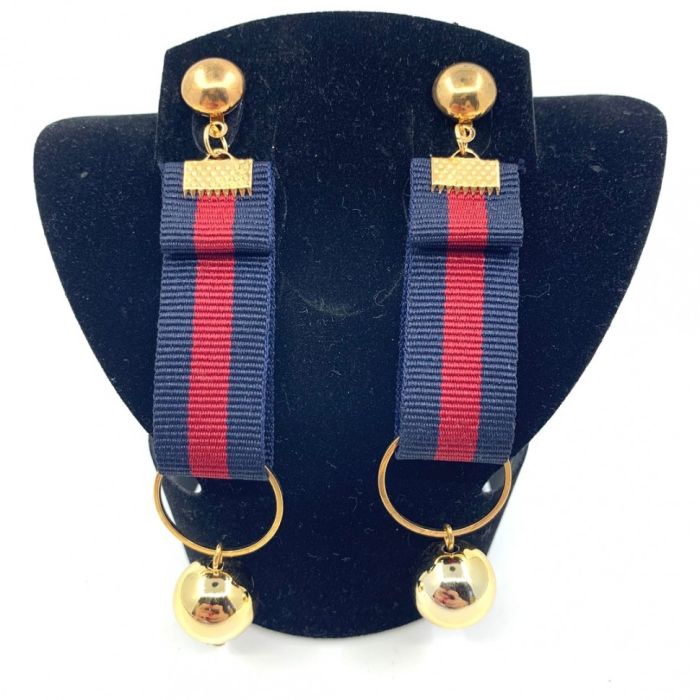 Earrings, gold with red and blue ribbon, long.