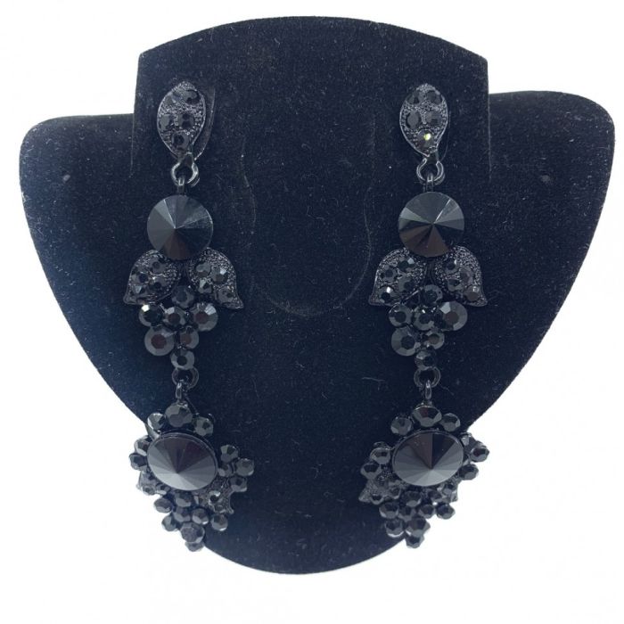 Earrings , black with black stones, long, handmade.