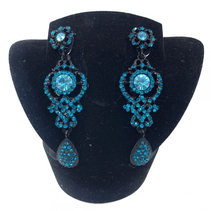 Earrings , black with blue stones, long, handmade.