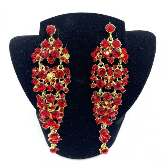 Earrings, gold in red stones, long, handmade.